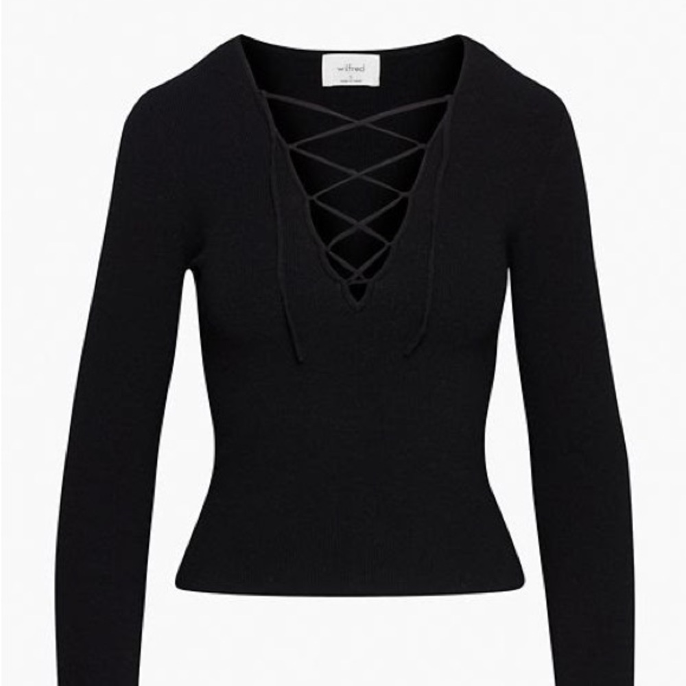 Wilfred TETHER SWEATER Aritzia Black V-Neck Sweater with Lace-Up Design NEW